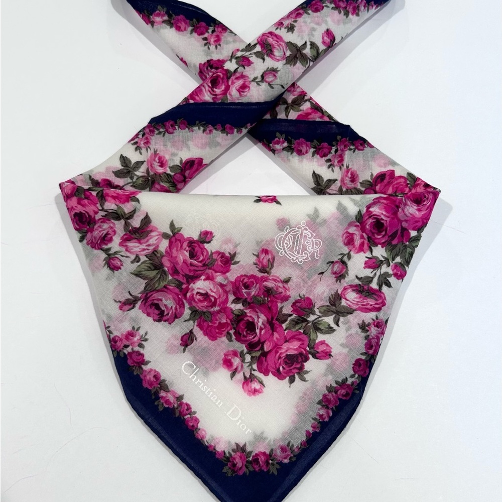 WOMEN HANDKERCHIEF CHRISTIAN DIOR FLORAL Pink White COTTON POCKET SQUARE 18”